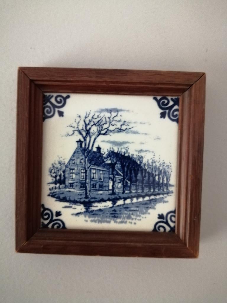Delftsblauw tegeltje in houten lijstje, boerderij, Antiek en Kunst, Ophalen of Verzenden