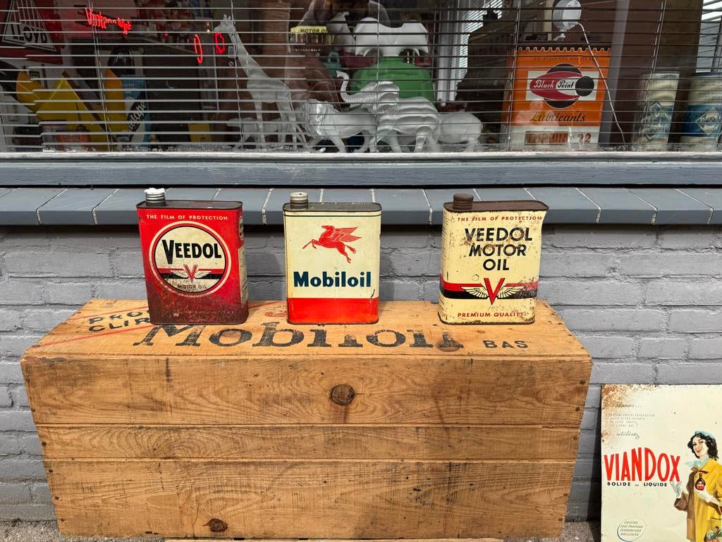 Vintage Olieblikken: Veedol & Mobiloil Collectie, Verzamelen, Ophalen, Gebruikt, ., Verpakking