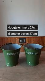 EMAILLE RESEDA GROENE AARDAPPELEN EN GROENTEN EMMER MET GOUD, Antiek en Kunst, Antiek | Emaille, Ophalen of Verzenden