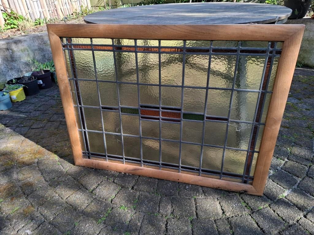 Authentiek glas in lood raam in houten kozijn, Ophalen, Gevelraam of Ruit, Gebruikt, 80 tot 120 cm