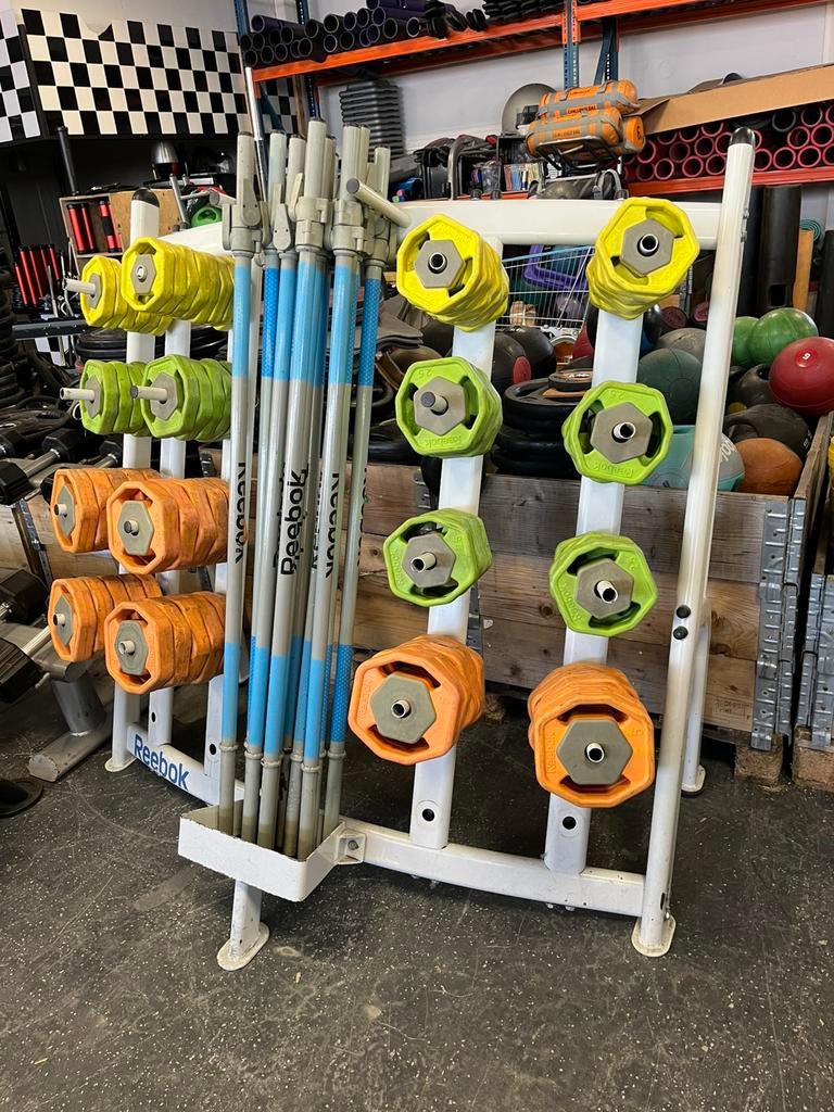 15 x reebok rep bodypump set incl rek, Sport en Fitness, Ophalen, Gebruikt, Reebok, Met rek