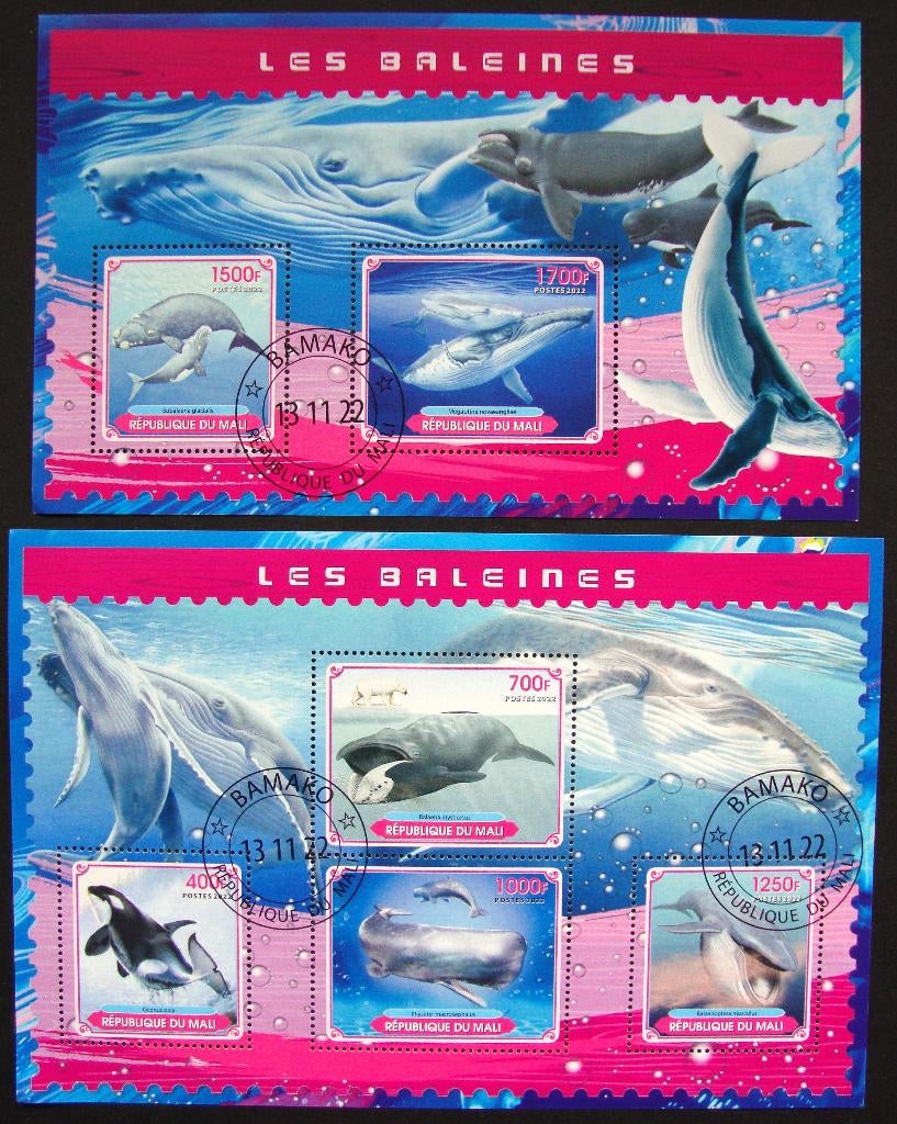 - 824 - 2 Blokken met div. Walvissen., Verzenden, Gestempeld, Dier of Natuur