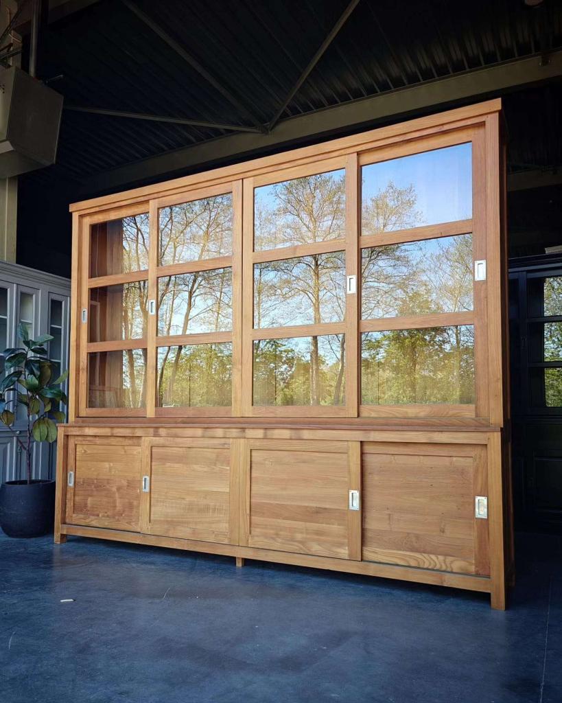 Hoge- brede schoolkast teakhout | Wandkast 300cm breed #7731, Niet ingevuld, 200 cm of meer, Niet ingevuld, Ophalen of Verzenden