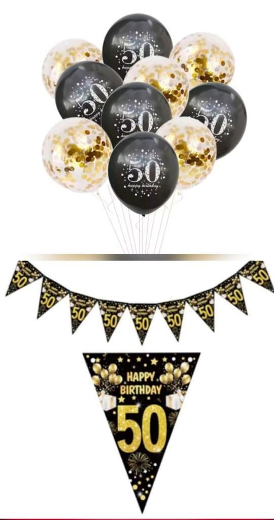 Happy birthday 50 jaar ballonnen + vlaggenlijn NIEUW, Ophalen of Verzenden, Nieuw, Versiering, Verjaardag