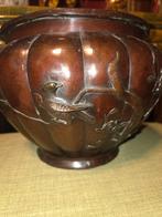 Grote bronzen bloempot Chinees japans met vogels bloemen, Ophalen of Verzenden