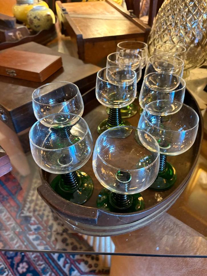 Set van 10 Groene Vintage Ribbelglazen., Antiek en Kunst, Antiek | Glas en Kristal, Ophalen of Verzenden