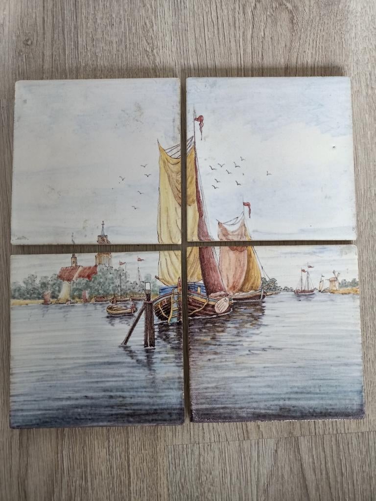 Antieke tegeltableau: Hollands zeillandschap, Ophalen of Verzenden