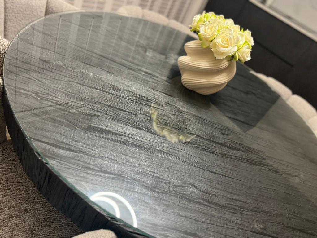 Moderne ronde houten eettafel met glazen blad, Huis en Inrichting, Tafels | Eettafels, Ophalen, 100 tot 150 cm, Rond, Vier personen