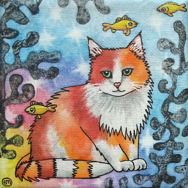 Super leuk schilderijtje van een kleurige kat, Antiek en Kunst, Kunst | Schilderijen | Modern, Ophalen of Verzenden