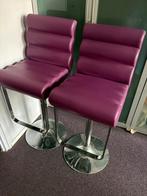 2 paarse leren barkrukken, Huis en Inrichting, Barkrukken, Ophalen, In hoogte verstelbaar, 60 tot 90 cm, Leer