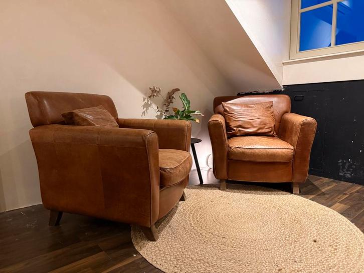 Cognac Lederen Fauteuils - Breed 96cm, Huis en Inrichting, Fauteuils, Gebruikt, Leer, 75 tot 100 cm, 75 tot 100 cm, Ophalen