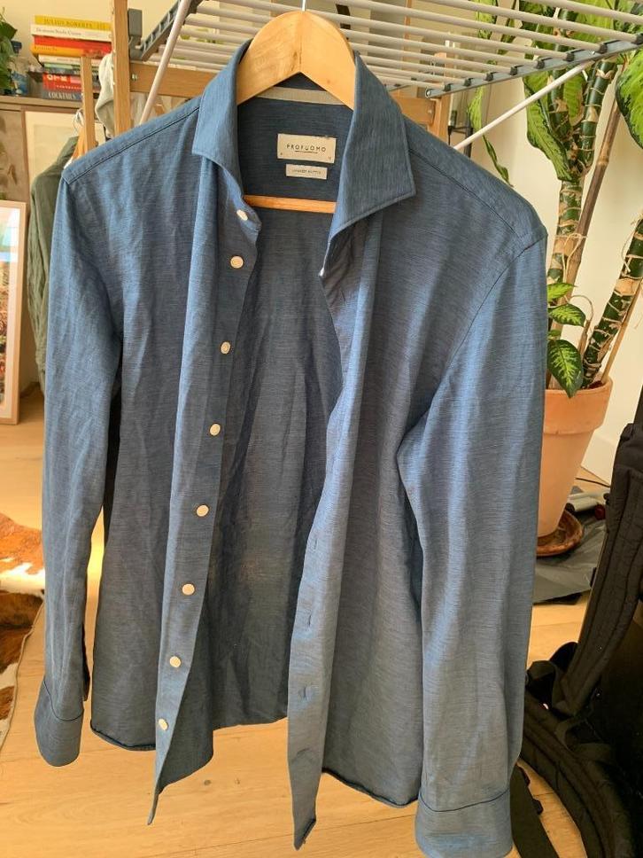 Profuomo Japanese Knitted Slate Blue Shirt in Size 41, Kleding | Heren, Overhemden, Zo goed als nieuw, Halswijdte 41/42 (L), Blauw