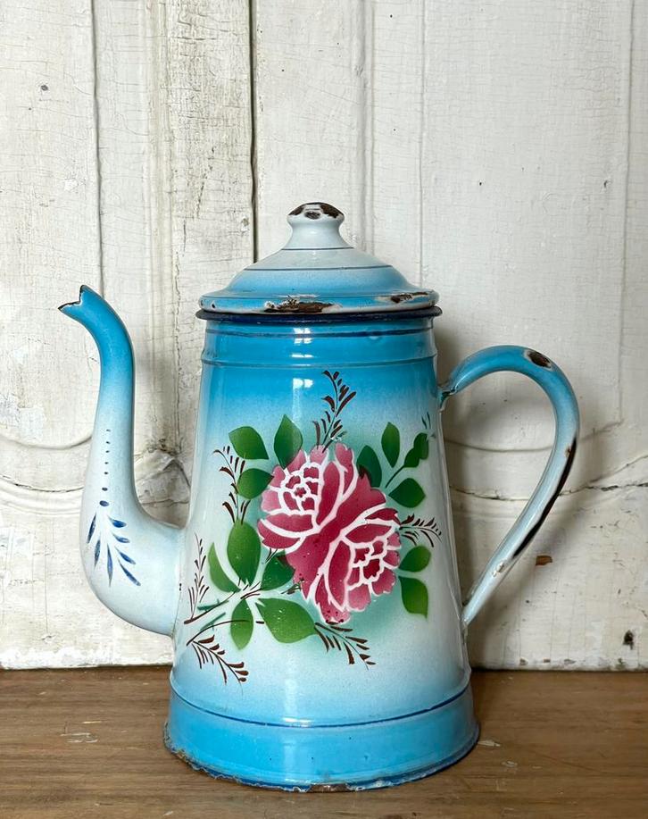 Emaille oude Franse koffiepot bloemen, Antiek en Kunst, Antiek | Emaille, Verzenden