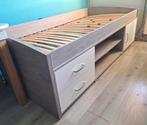 Kajuitbed Yanniek grijs-eiken/wit + lattenbodem, matras, Huis en Inrichting, Slaapkamer | Bedden, Ophalen, 90 cm, Eenpersoons