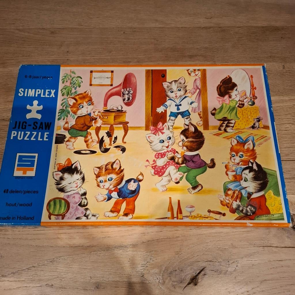 Jig saw houten puzzel verjaardagsfeestje poesjes, Antiek en Kunst, Antiek | Speelgoed, Ophalen of Verzenden