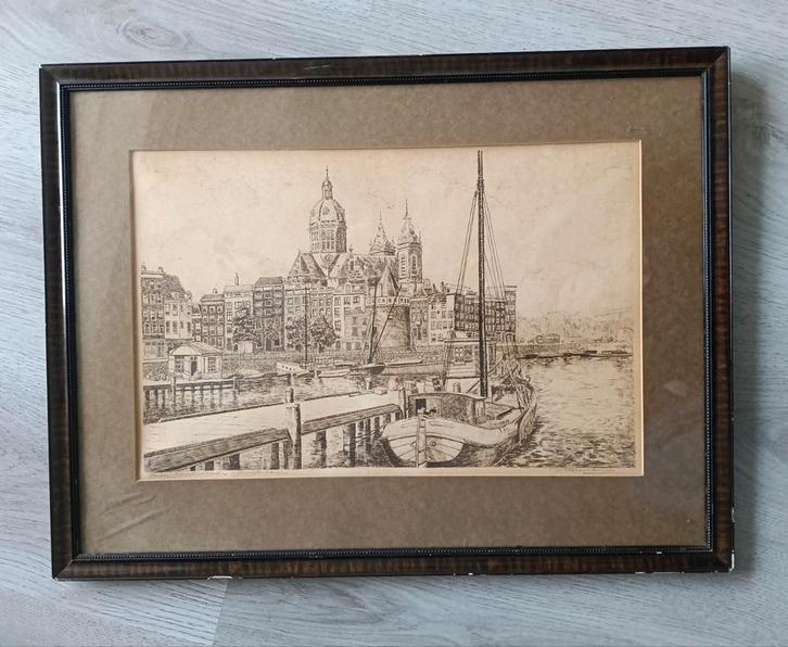 Zicht op de Prins Hendrikkade Amsterdam - gesigneerd, Antiek en Kunst, Kunst | Etsen en Gravures, Ophalen of Verzenden