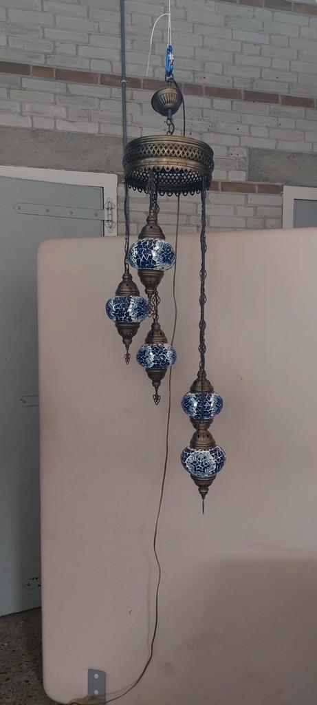 5-arms Oosterse Hanglamp, Huis en Inrichting, Lampen | Hanglampen, Gebruikt, 50 tot 75 cm, Glas, Metaal, Ophalen