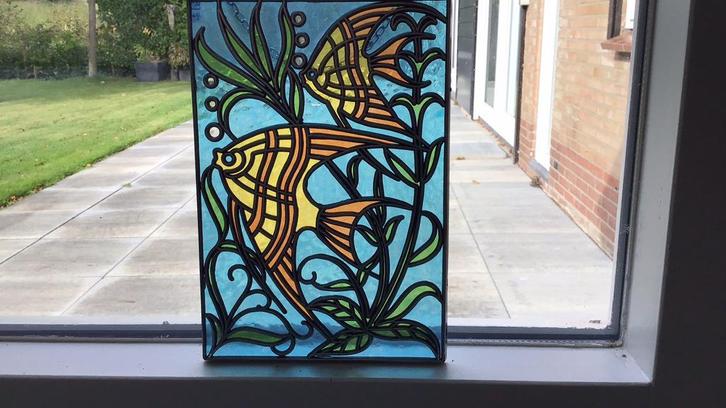 Vissen van gekleurd glas in metaal in lijst, Huis en Inrichting, Woonaccessoires | Overige, Ophalen of Verzenden