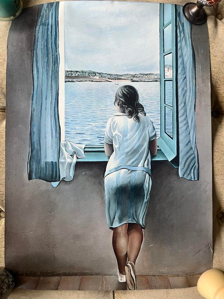 Vintage Poster Salvador Dali…Meisje Bij Het Raam., Rechthoekig Staand, Ophalen of Verzenden, Zo goed als nieuw, Canvas of Doek