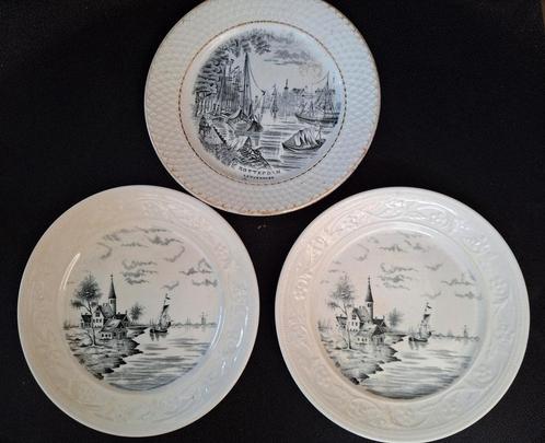 3 antieke bordjes Petrus Regout - zwart-wit decor, Antiek en Kunst, Antiek | Servies los, Ophalen of Verzenden