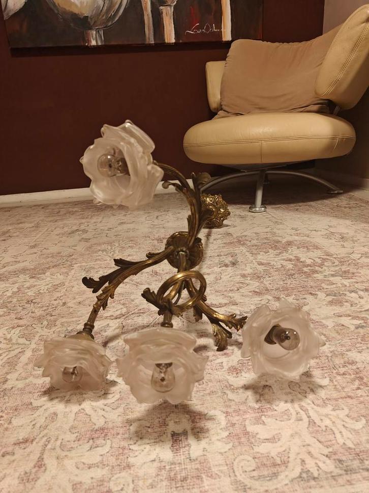 Vintage Bronzen Lampenset: Plafond & Wandlamp - Rozen Glas, Antiek en Kunst, Antiek | Lampen, Ophalen