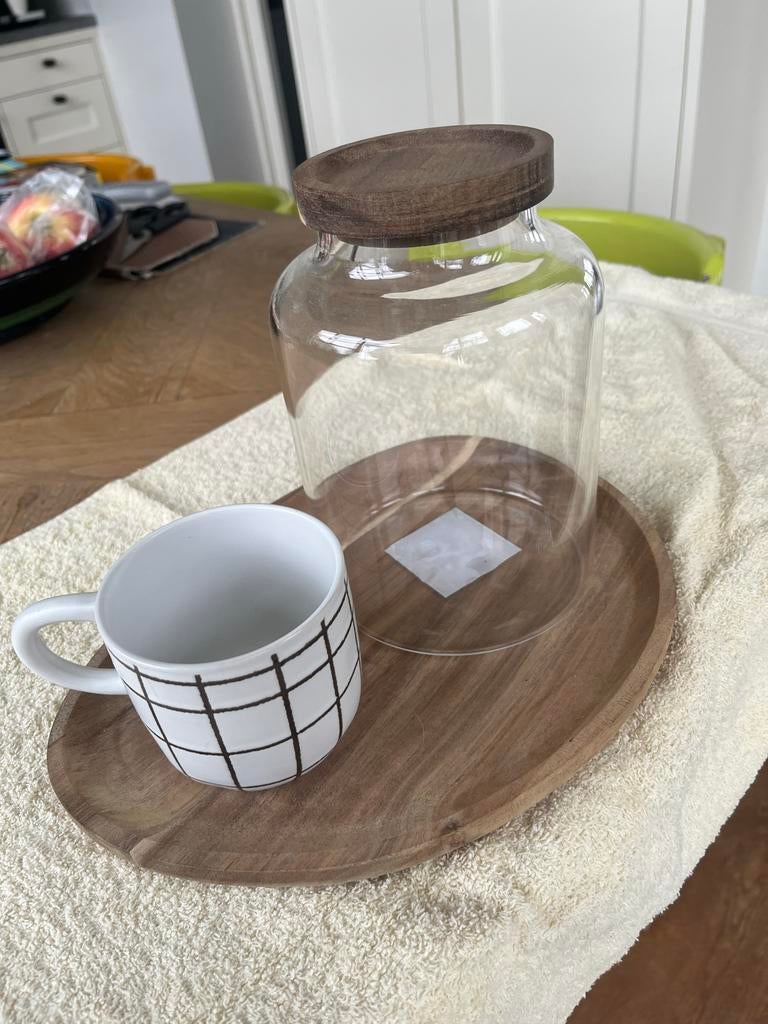 Glazen pot met houten deksel, mok en houten bord, Ophalen, Nieuw