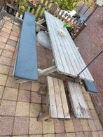 Picknicktafel grenen 240x167 + 2 krukken en kussens, Ophalen, Gebruikt, Inklapbaar, Rechthoekig