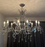 Prachtige grote metalen zilverkleur 10 lamps kroonluchter, Ophalen, Zo goed als nieuw, Glas