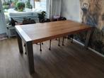 Grote Eetkamertafel - RVS Poten & Eiken Blad, Huis en Inrichting, Tafels | Eettafels, Ophalen, Gebruikt, 50 tot 100 cm, Vijf personen of meer