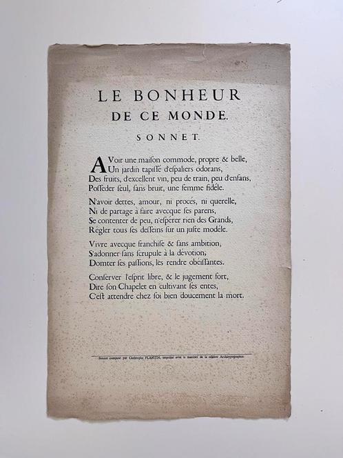 Speciale herdruk van 16e eeuws Sonnet / Gedicht | Plantin, Antiek en Kunst, Curiosa en Brocante, Ophalen of Verzenden