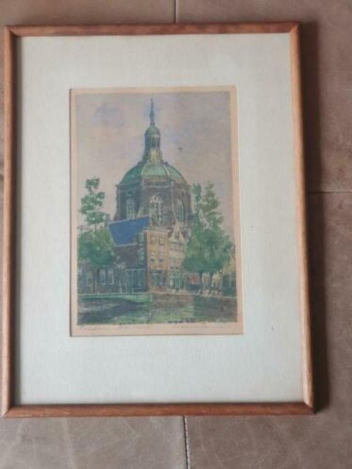 Marekerk Leiden ingekleurde litho Marius Janssen (1885-1957), Antiek en Kunst, Kunst | Litho's en Zeefdrukken, Ophalen
