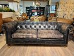 Chesterfield 3 Zits bank Vintage Zwart leer op wieltjes, Ophalen of Verzenden