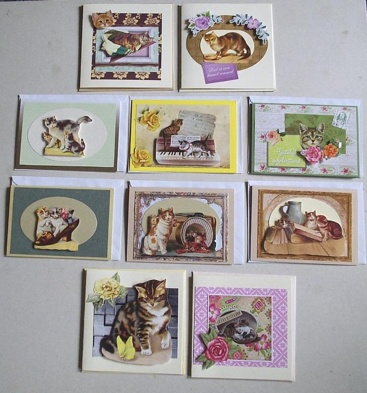 Set van 10x zelfgemaakte wenskaarten - poezen/katten, Hobby en Vrije tijd, Kaarten | Zelfgemaakt, Nieuw, Dieren, Verzenden