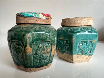 2 Vintage Shiwan Gemberpotten Turquoise Zeskant Flora Deksel beschikbaar voor biedingen