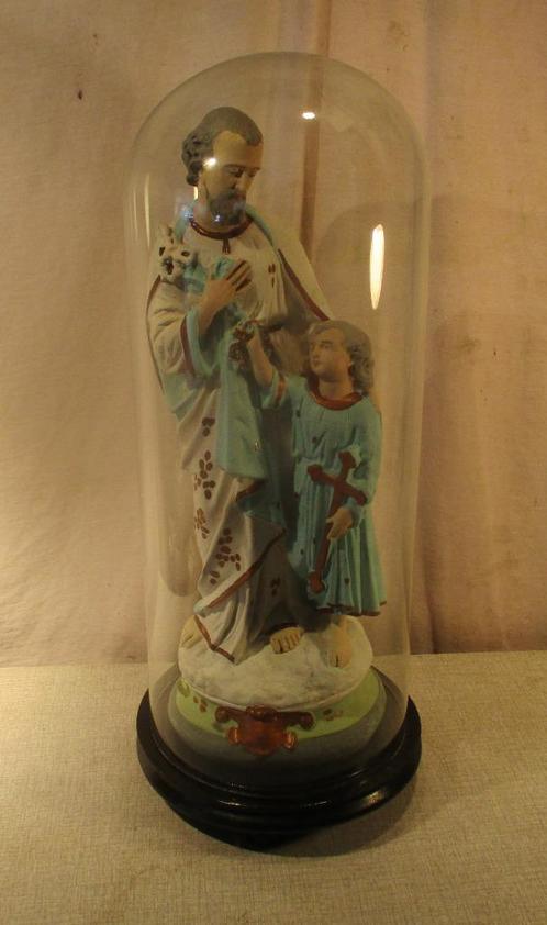 Prachtig Beeld 'Jozef en Jezus' in Glazen Stolp - 54cm, Antiek en Kunst, Antiek | Religie, Ophalen of Verzenden