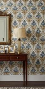 7123 vintage barok behang in blauw en goud tinten swiet, Ophalen of Verzenden, 75 m² of meer, Blauw