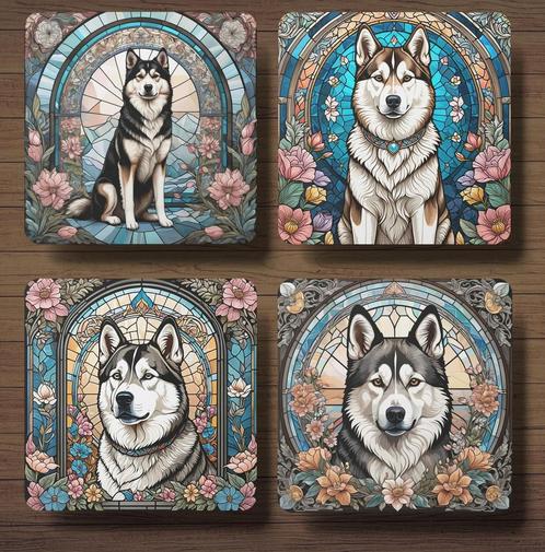 Siberische Laika Glas in Lood onderzetters met houder, Huis en Inrichting, Woonaccessoires | Onderzetters, Nieuw, Glas of Kopje