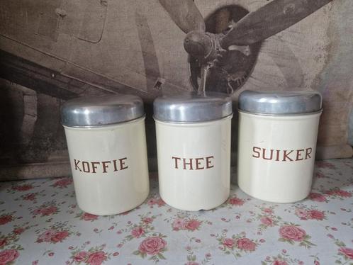 Creme emaille koffie thee suiker bussen, Antiek en Kunst, Antiek | Emaille, Ophalen of Verzenden