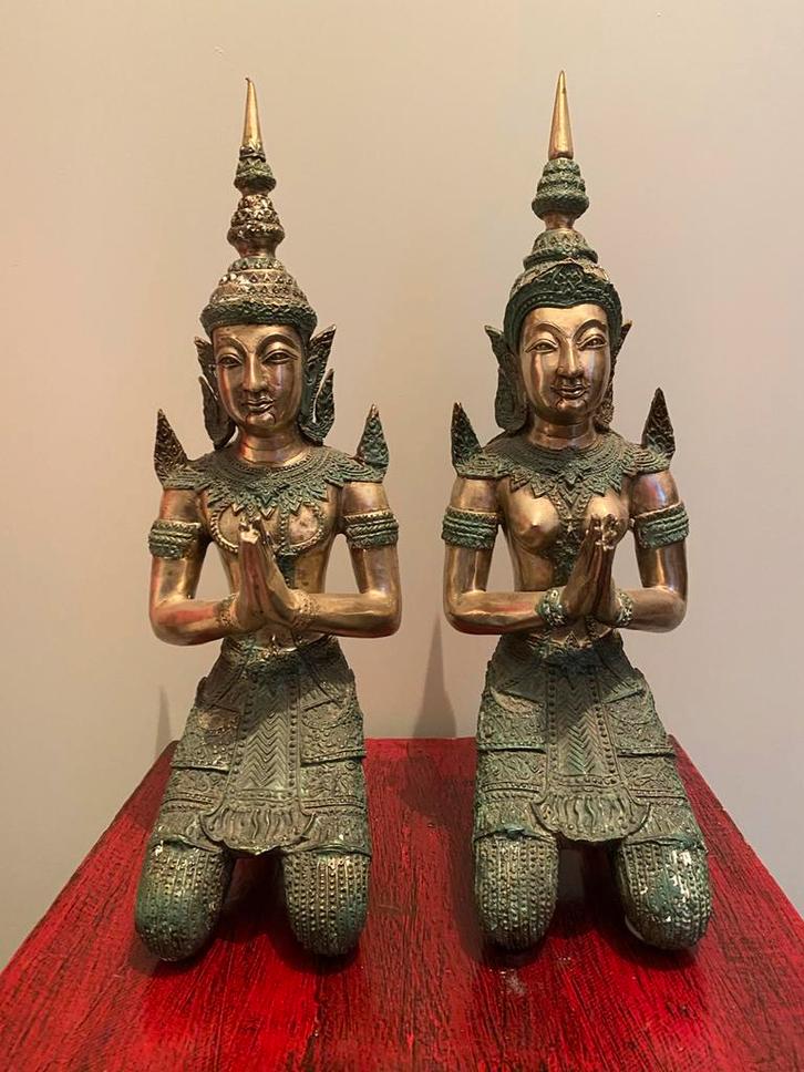 Bronzen Tempelwachters - Aziatische Kunst Beelden Paar, Antiek en Kunst, Kunst | Beelden en Houtsnijwerken, Ophalen of Verzenden