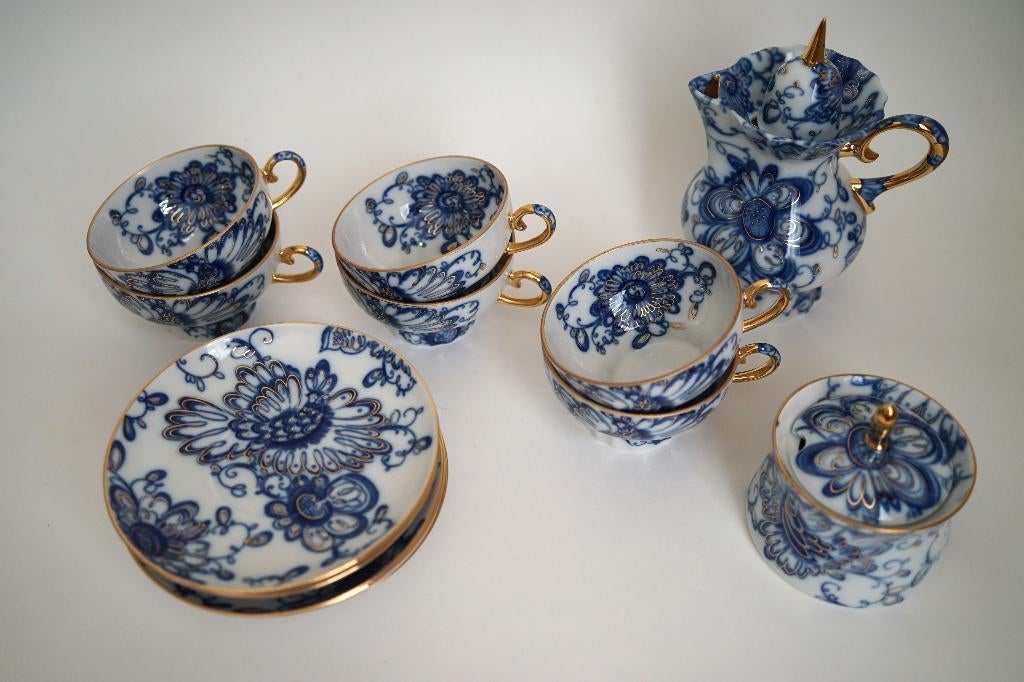set lomonosov servies singing garden porselein goud blauw, Ophalen of Verzenden, Zo goed als nieuw, Overige stijlen, Porselein