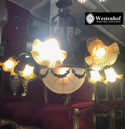 Kroonluchter antiek hanglamp messing, 6x lampenkapjes glas, Huis en Inrichting, Lampen | Kroonluchters, Glas, Metaal, Overige materialen