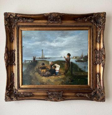 Schilderij spelende kinderen in een mooie lijst. beschikbaar voor biedingen