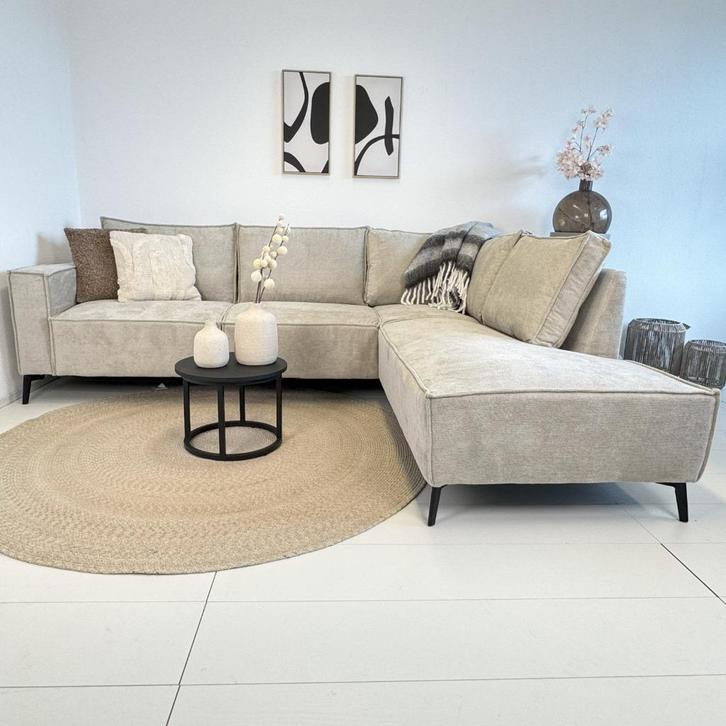 Hoekbank chenille beige met chaise longue links of rechts, Huis en Inrichting, Banken | Sofa's en Chaises Longues, Nieuw, Vierpersoons of meer