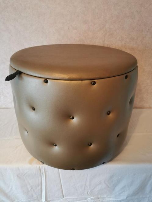 Ronde vintage '60 opbergpoef leer /deksel goud/koperkleurig, Antiek en Kunst, Antiek | Woonaccessoires, Ophalen