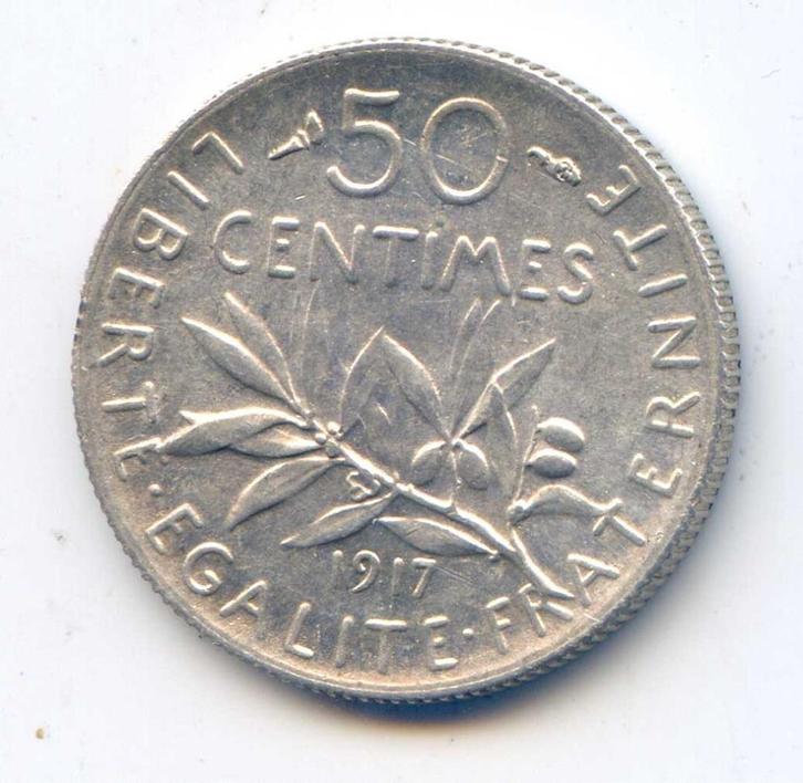 Frankrijk 50 Centimes 1917, Postzegels en Munten, Munten | Europa | Niet-Euromunten, Frankrijk, Zilver, Ophalen of Verzenden