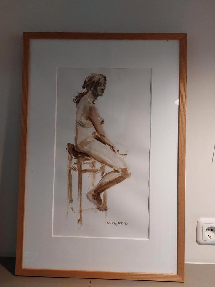 Origineel kunstwerk – Geert Schreuder (1949) – Zittend naakt, Antiek en Kunst, Kunst | Schilderijen | Modern, Ophalen of Verzenden