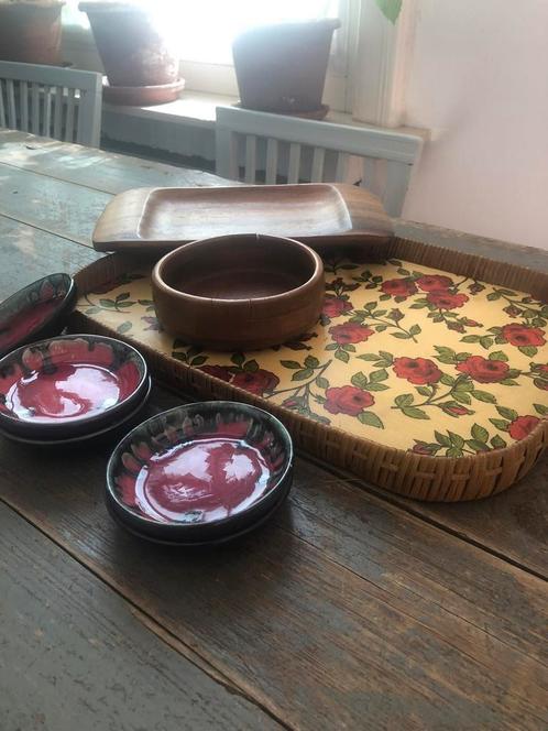 VINTAGE DIENBLAD ROTAN KERAMIEK TEAK SCHAAL, Huis en Inrichting, Woonaccessoires | Dienbladen, Hout, Rond, Ophalen of Verzenden
