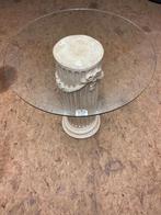 Glazen bijzettafel met Grieks zuilonderstel, Huis en Inrichting, Minder dan 55 cm, Gebruikt, Rond, Glas