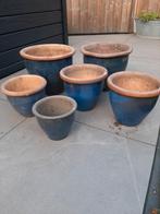 Buiten bloempotten blauw, Tuin en Terras, Bloempotten, Gebruikt, Rond, Ophalen of Verzenden, Aardewerk