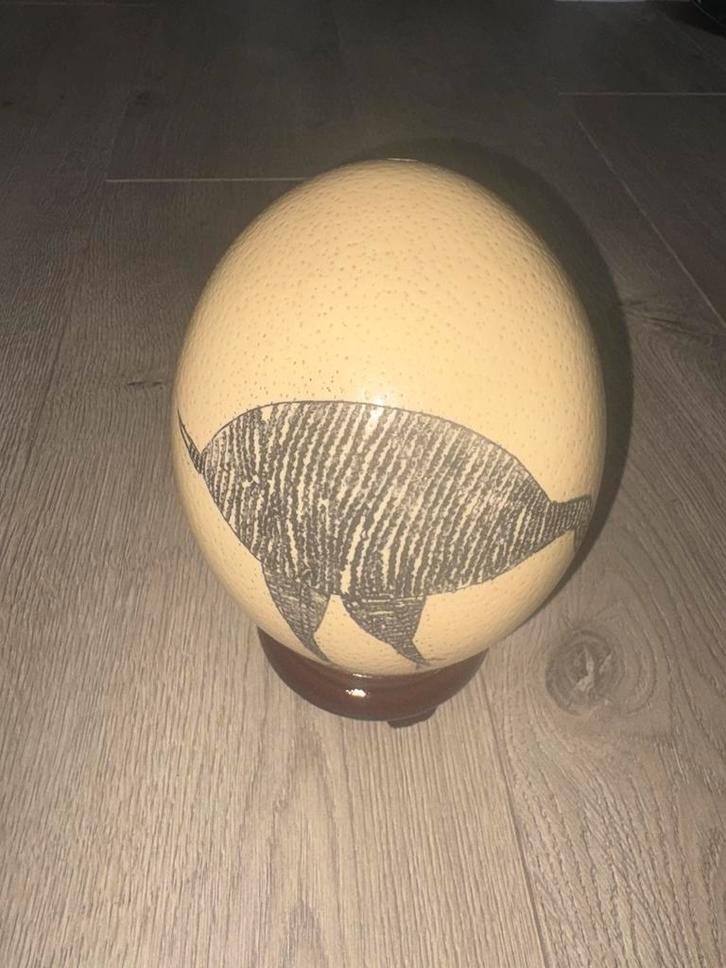 Beschilderd Struisvogelei op Mahonie Sokkel (voetstuk), Antiek en Kunst, Antiek | Woonaccessoires, Ophalen of Verzenden